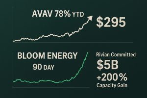 AVAV Tops 78% YTD with $295 Price Target — Bloom Energy Jumps 90% in 30 Days as Rivian Commits $5B and ~200% Capacity Gain